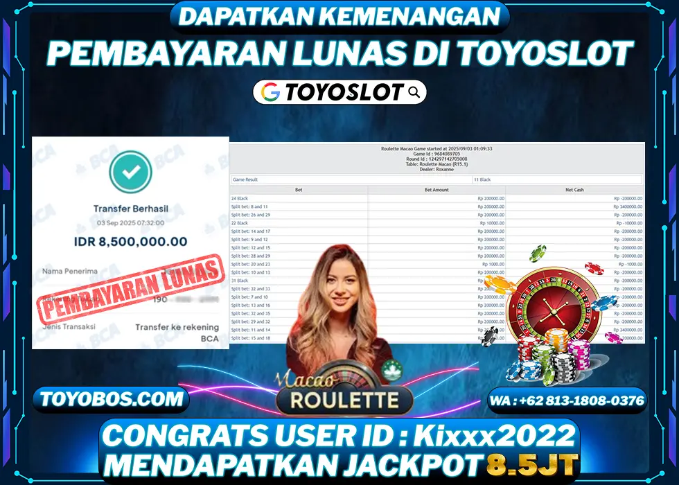 TOYOSLOT - BUKTI KEMENANGAN Macau Roulette Rp8,500,000,- LUNAS